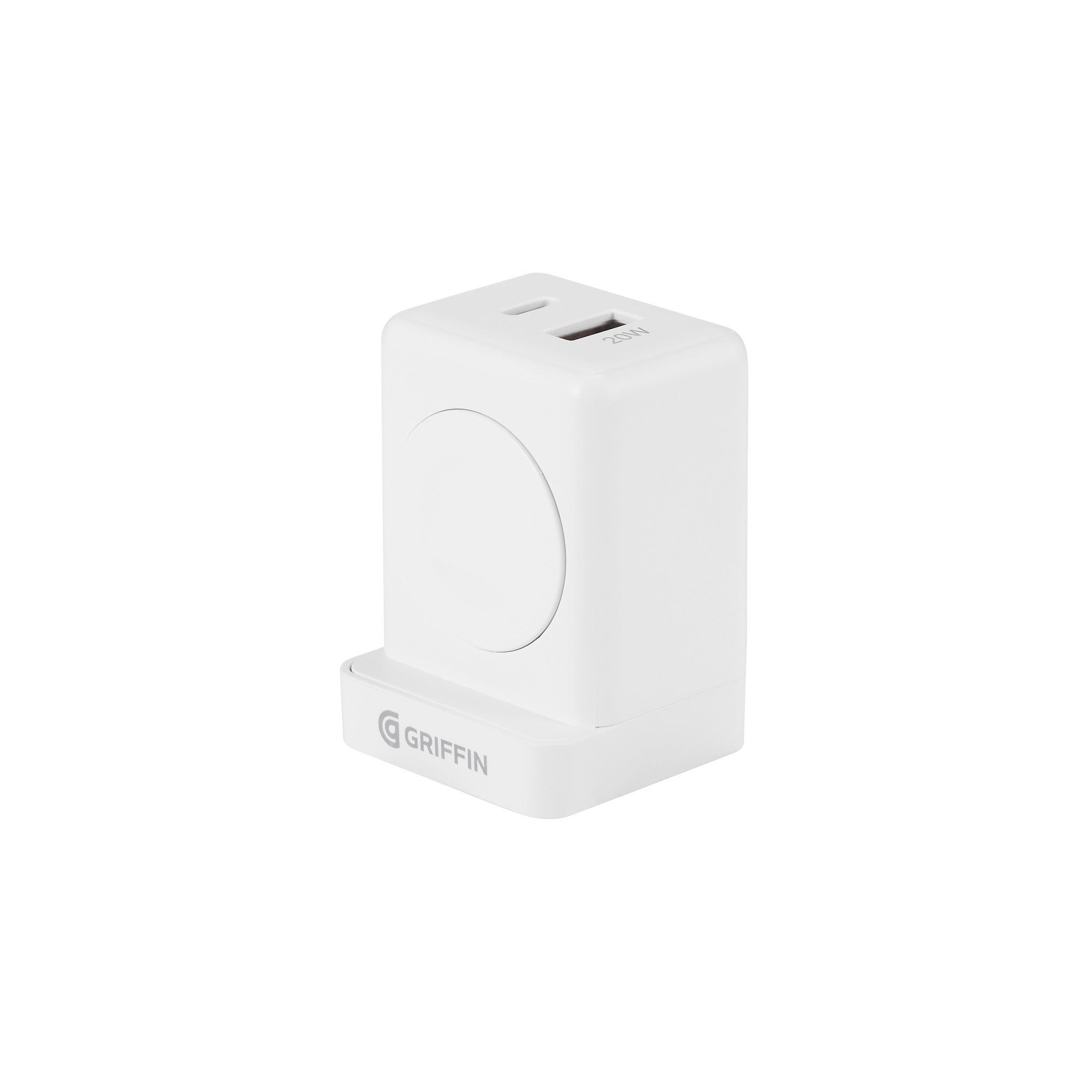 Griffin PowerBlock 20W Wall Charger with Smartwatch Wireless Charging, Dual USB-A & USB-C Ports, 2.5W Smartwatch Charger, Foldable Plug