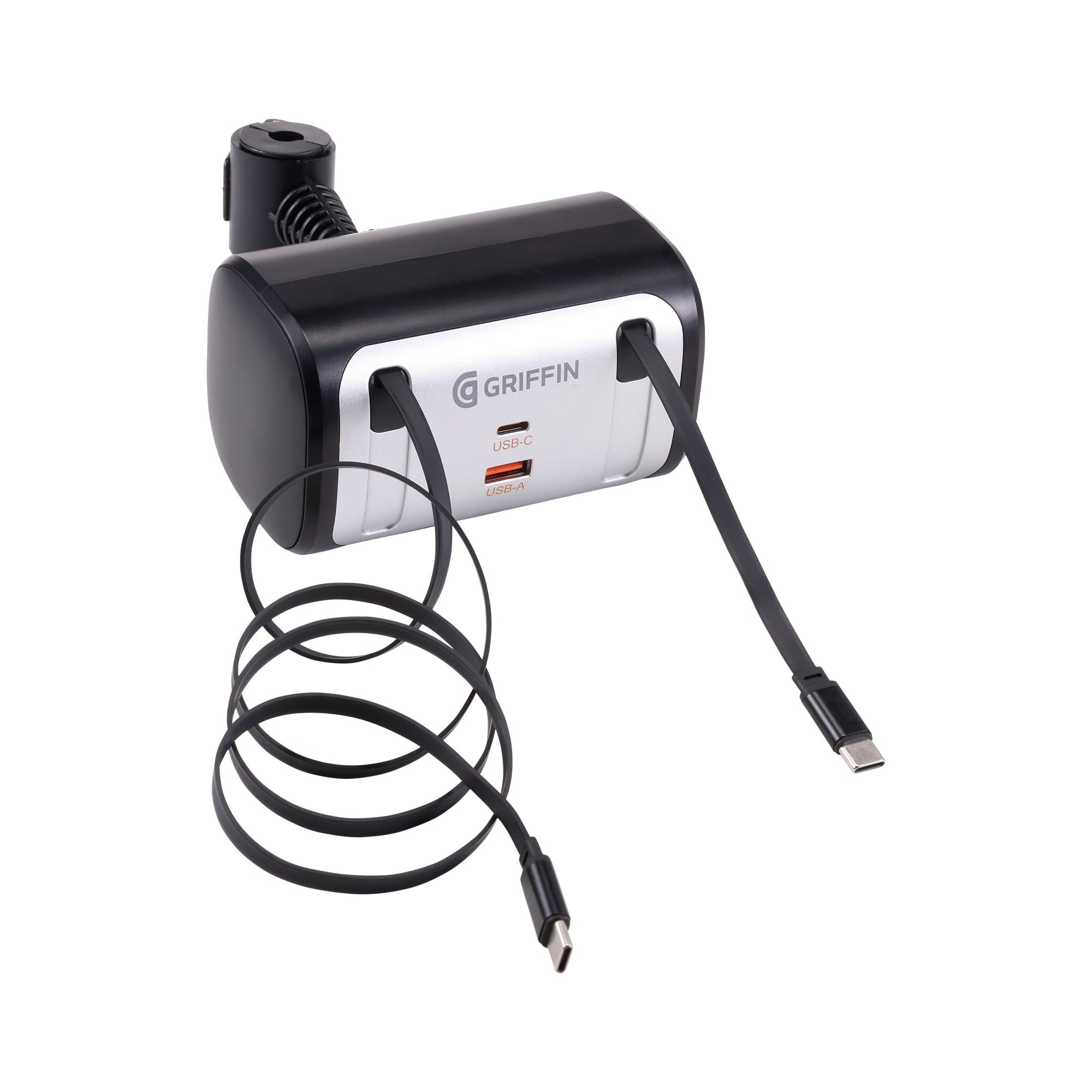 Griffin PowerJolt Backseat Car Charger with Retractable USB-C Cables, Dual USB-A + USB-C Ports, Fast Charging, Headrest Mount