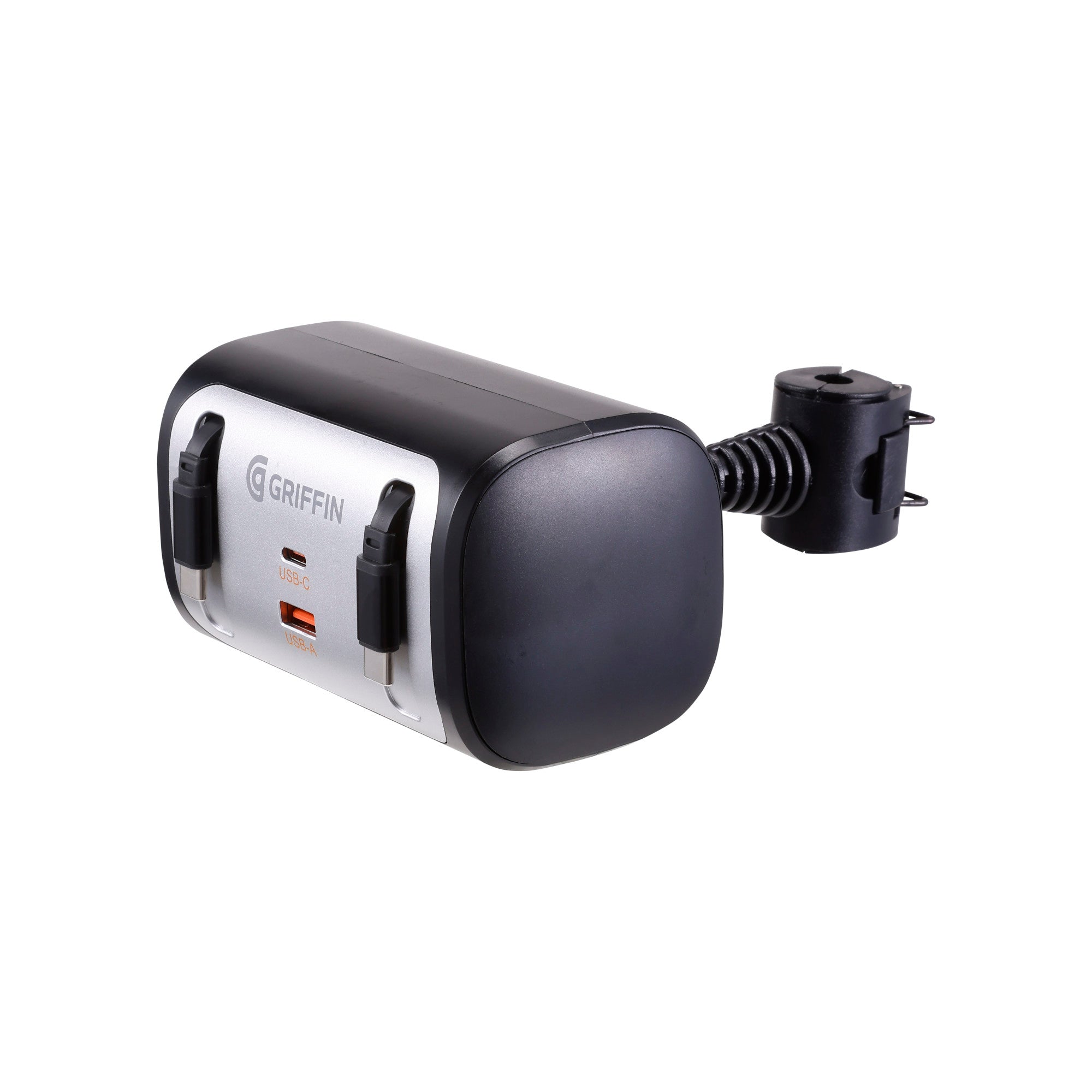 Griffin PowerJolt Backseat Car Charger with Retractable USB-C Cables, Dual USB-A + USB-C Ports, Fast Charging, Headrest Mount