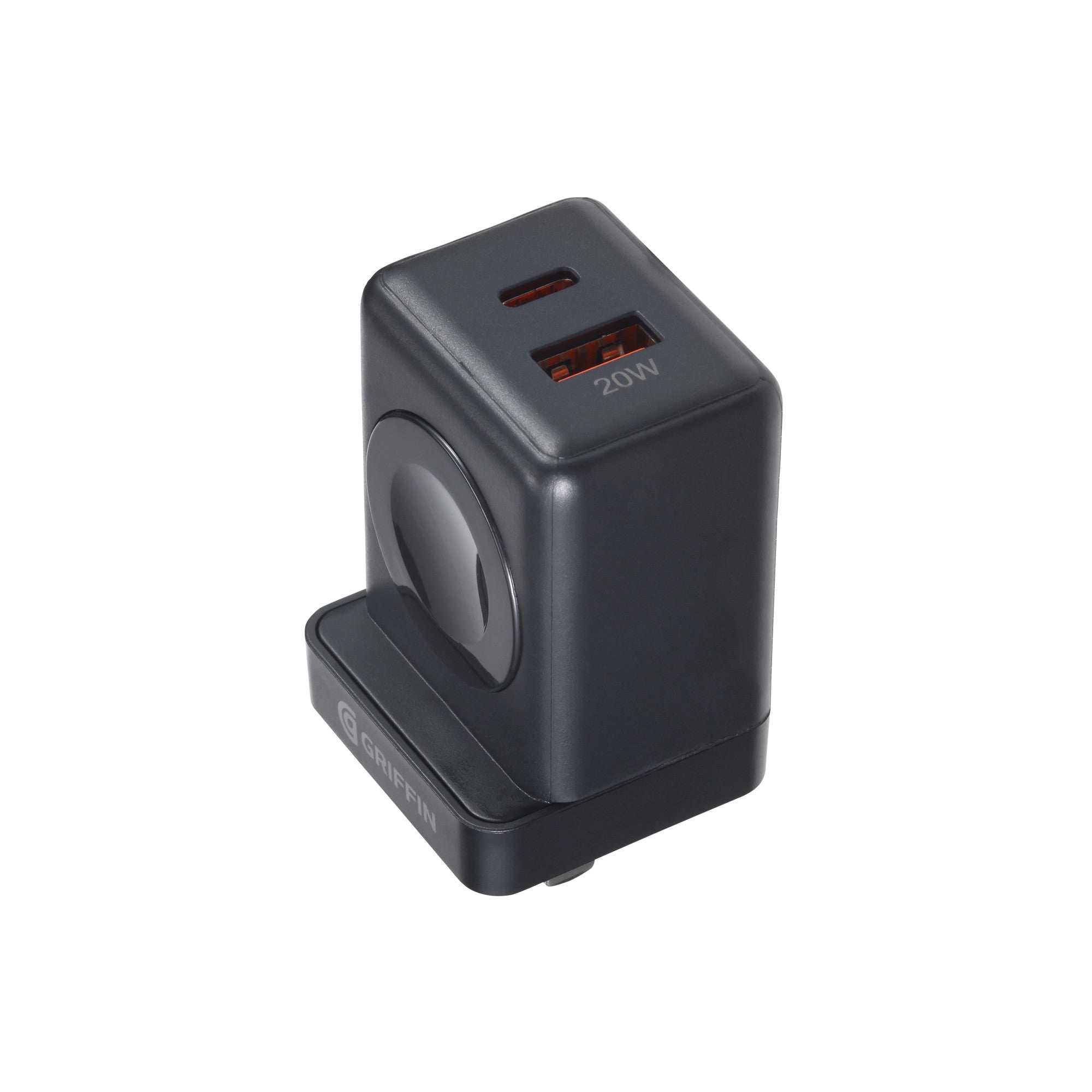 Griffin PowerBlock 20W Wall Charger with Smartwatch Wireless Charging, Dual USB-A & USB-C Ports, 2.5W Smartwatch Charger, Foldable Plug