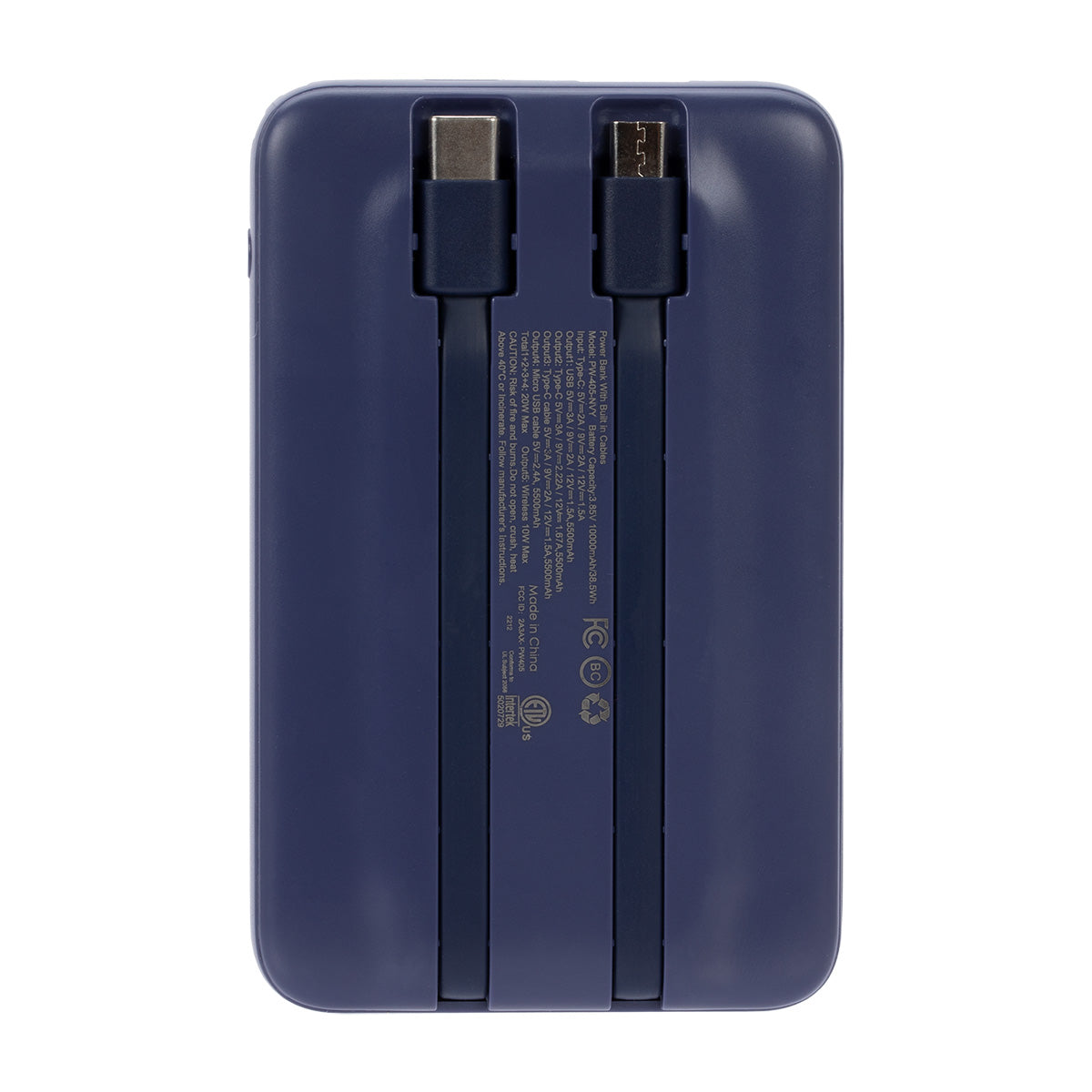 Navy | 10000 mAh Power Bank with Wireless Charging and Integrated Cables - Navy
