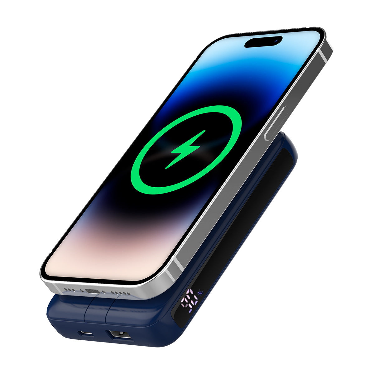 Navy | 10000 mAh Power Bank with Wireless Charging and Integrated Cables - Navy