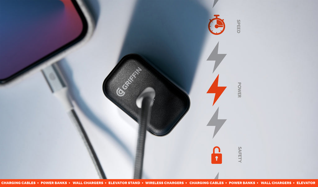 Griffin wall charger and lightning cable accessory decoratively placed on a desk