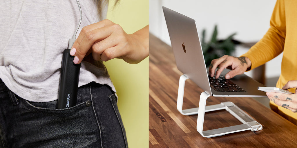 split image with a person using a griffin charging accessory on the left side and a person using an elevator stand with a laptop on the right 