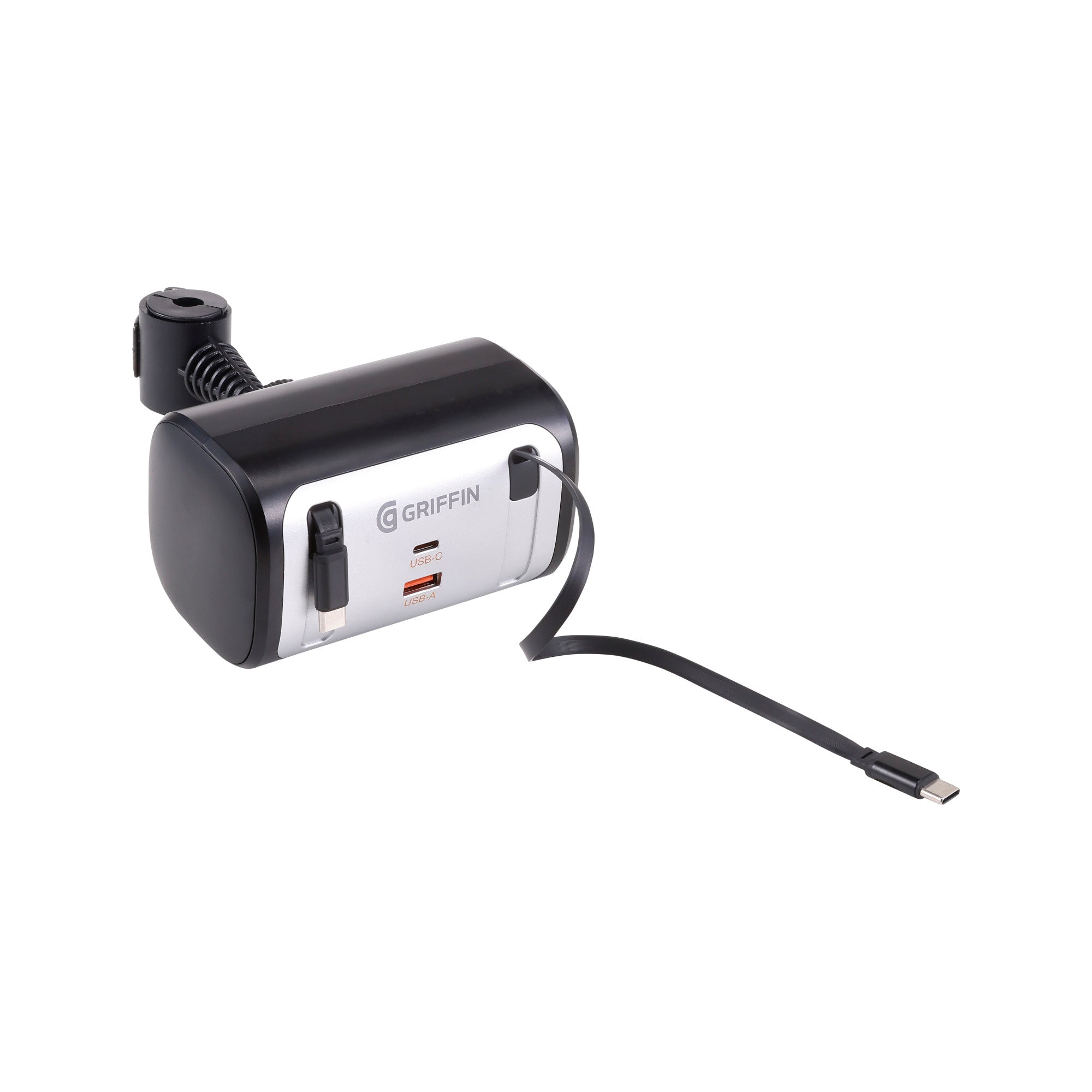 Griffin PowerJolt Backseat Car Charger with Retractable USB-C Cables, Dual USB-A + USB-C Ports, Fast Charging, Headrest Mount