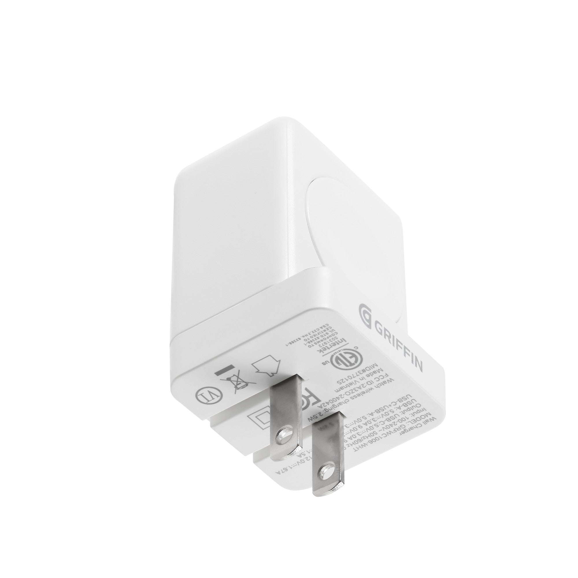 Griffin PowerBlock 20W Wall Charger with Smartwatch Wireless Charging, Dual USB-A & USB-C Ports, 2.5W Smartwatch Charger, Foldable Plug