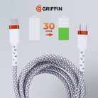 Griffin 6FT USB-C to USB-C Charge/Sync Cable, 60W Fast Charging, Ultra Durable with Nylon Braiding, 30,000 Bend Lifespan