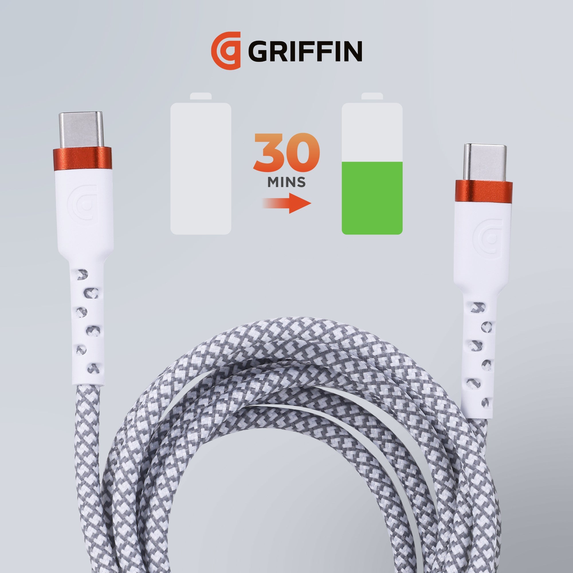 Griffin 6FT USB-C to USB-C Charge/Sync Cable, 60W Fast Charging, Ultra Durable with Nylon Braiding, 30,000 Bend Lifespan
