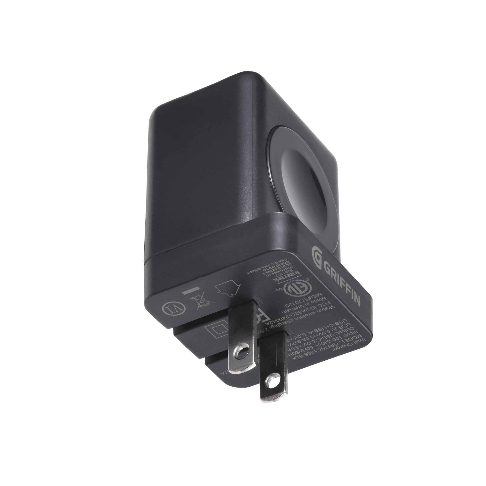 Griffin PowerBlock 20W Wall Charger with Smartwatch Wireless Charging, Dual USB-A & USB-C Ports, 2.5W Smartwatch Charger, Foldable Plug