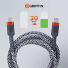 Griffin 6FT USB-C to USB-C Charge/Sync Cable, 60W Fast Charging, Ultra Durable with Nylon Braiding, 30,000 Bend Lifespan