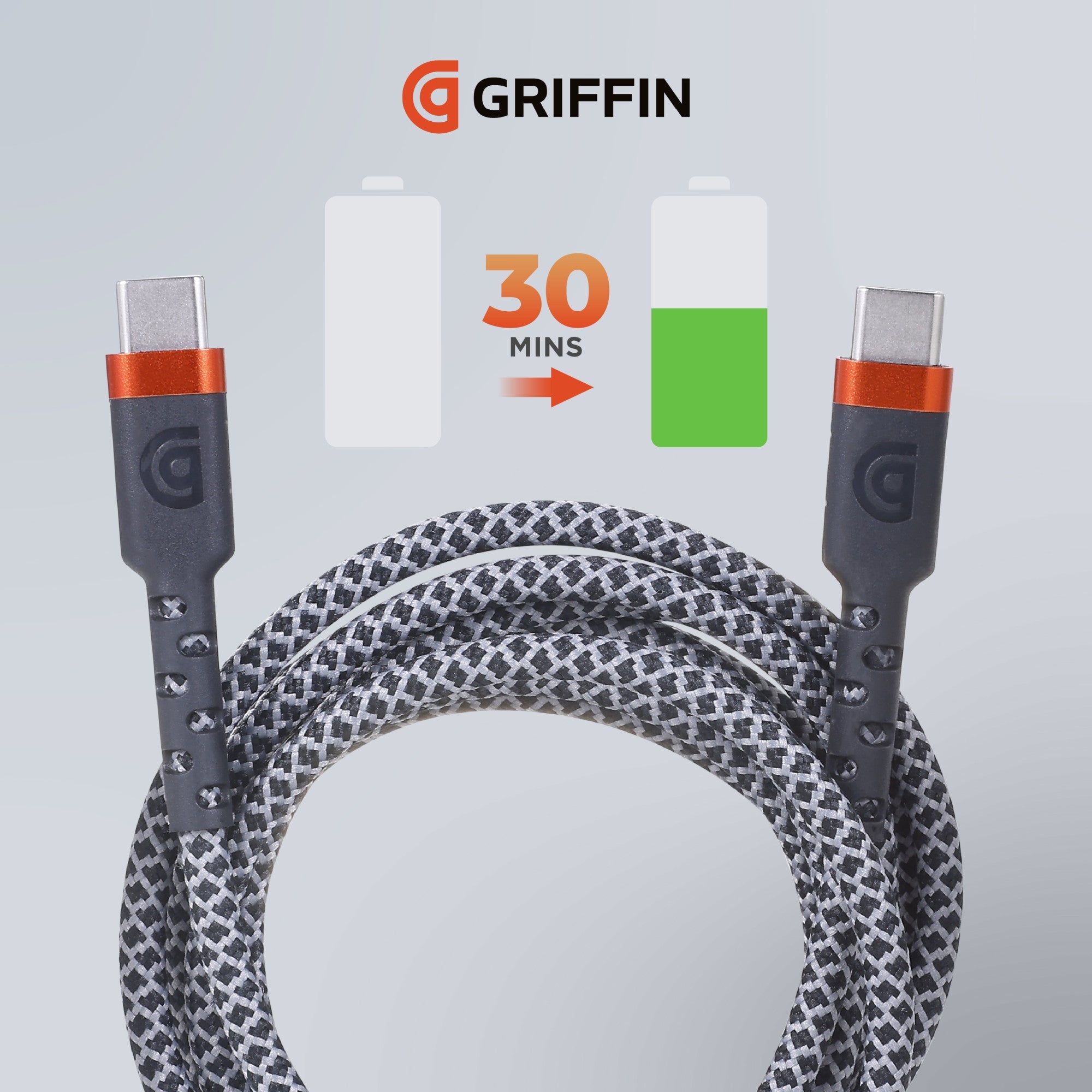 Griffin 6FT USB-C to USB-C Charge/Sync Cable, 60W Fast Charging, Ultra Durable with Nylon Braiding, 30,000 Bend Lifespan